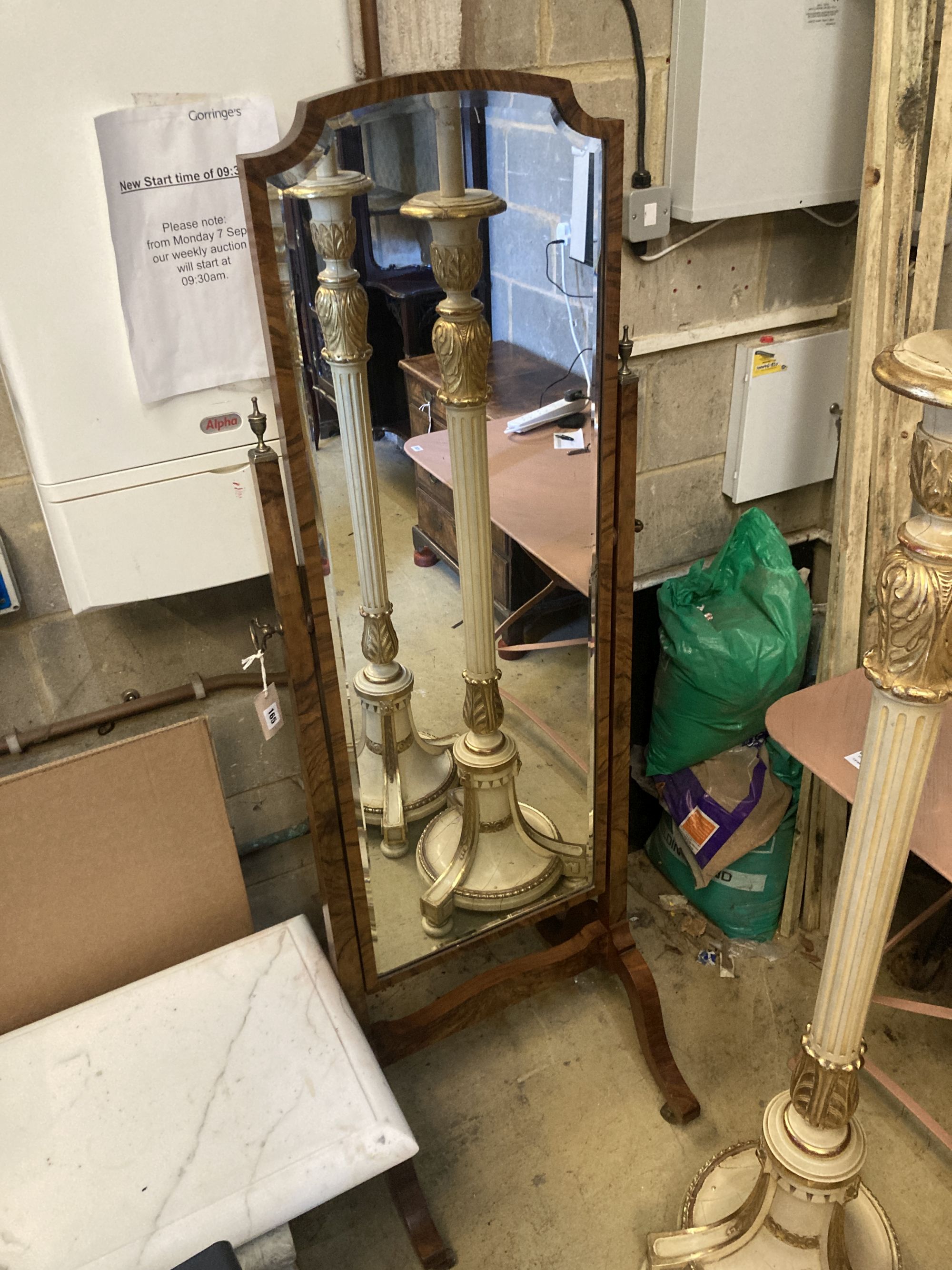 A 1920s walnut cheval mirror, width 54cm, height 164cm